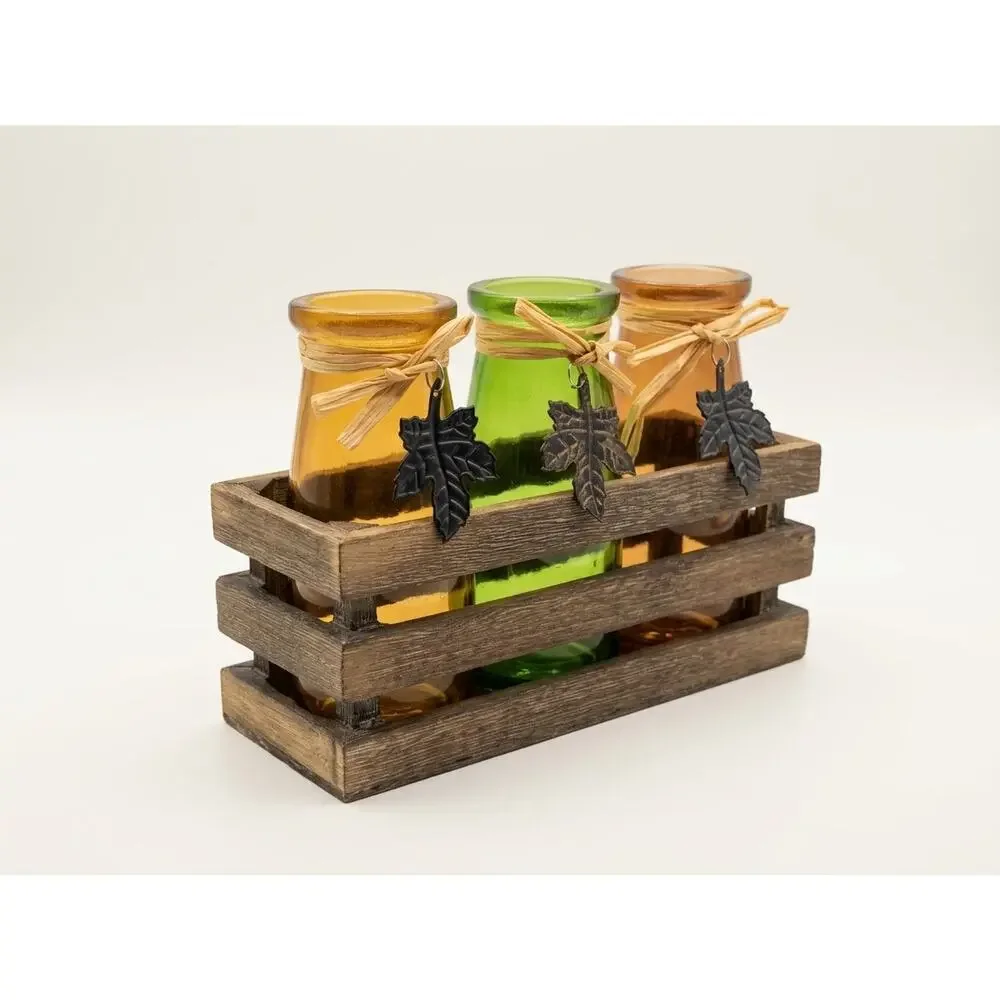 Fall Thanksgiving Table Centerpiece - Set of 3 Amber & Green Glass Bottle Vases